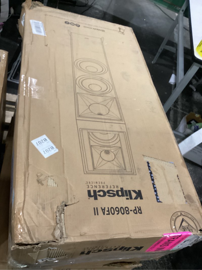 Condition photo showing Good Condition for ** slightly damaged, missing a leg**not tested klipsch rp-8060fa ii pair of floorstanding speakers, walnut comes in two boxes