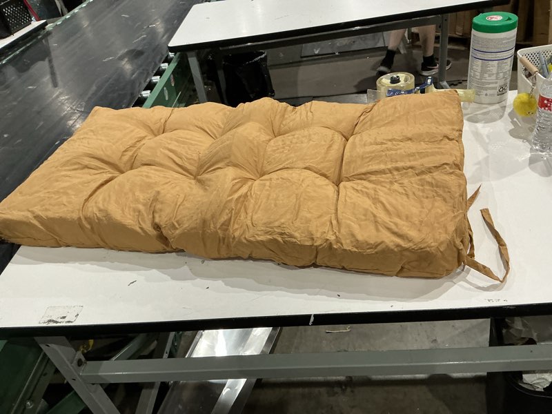 Condition photo showing As Is for blazing needles outdoor tufted settee cushion set, tropique raven, 3 count