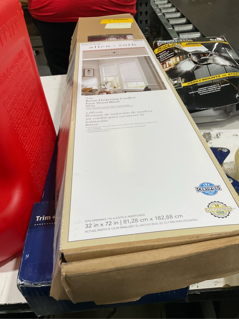 Condition photo showing As Is for allen + roth trim at home 2-in slat width 32-in x 72-in cordless white faux wood room darkening plantation blinds