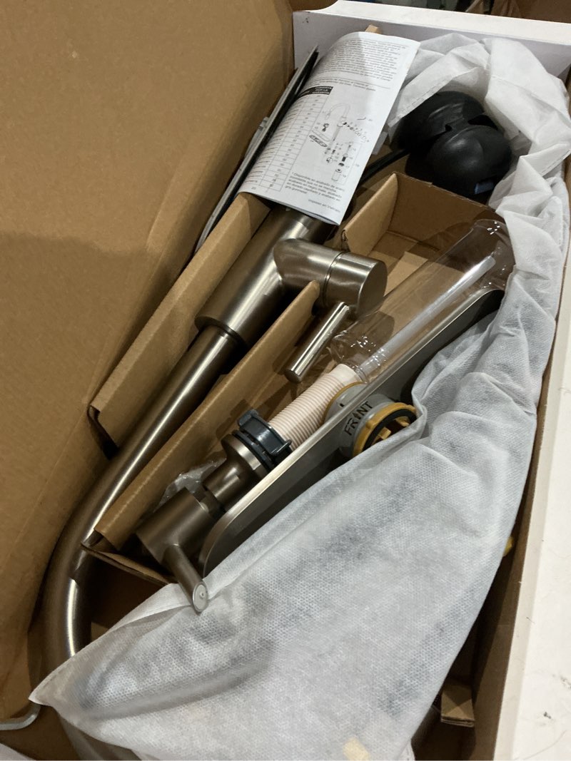 Condition photo showing As Is for allen + roth harlow simplefit spot free stainless steel single handle deck-mount pull-down kitchen faucet with sprayer (includes deck plate) (includes soap dispenser)