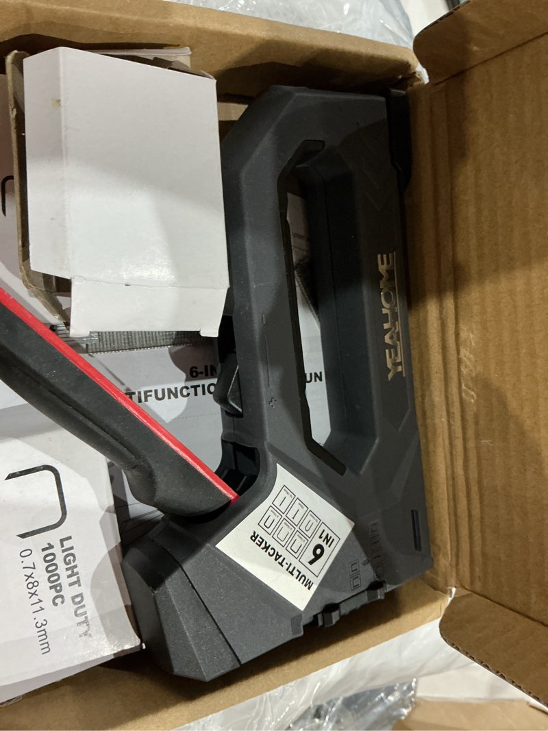 Condition photo showing As Is for yeahome 6-in-1 staple gun heavy duty, upholstery manual brad nailer power adjustment stapler gun with 5000 staples for fixing material, wood, crafts, carpentry, decoration diy grey, 6-in-1 staple gun, with 5000 staples