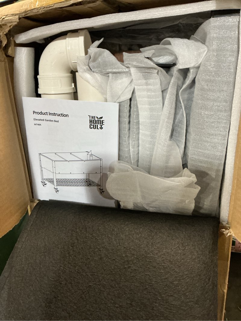 Condition photo showing Good Condition for raised garden bed with legs and wheels, self-watering planter box, 48x24x30 in elevated raised bed with drainage hole, built to withstand sun, rain, and wind for up to 2 years