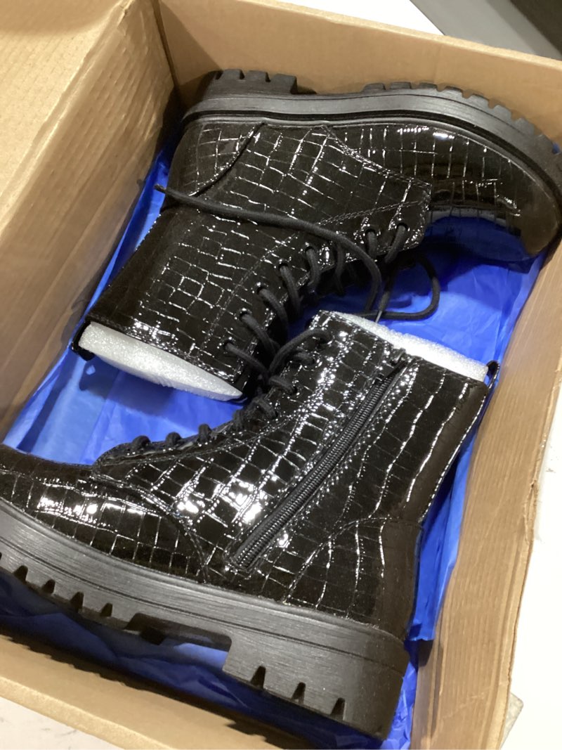 Condition photo showing New/Like New for soda firm - lug sole combat ankle bootie lace up w/side zipper 6 black croco patent