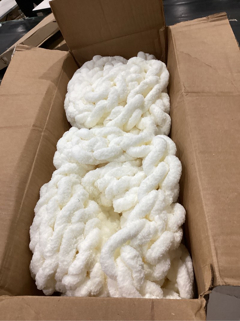 Condition photo showing As Is for Bigacogo Chunky Knit Throw Blanket for Couch, 40x80 inches, 100% Hand Knitted with Thick Jumbo Chenille Yarn, Cozy Soft Large Rope Knot Cable Crochet Blankets for Sofa Bed Living Room, Ivory Ivory 40"x80" (Special Size Throw)