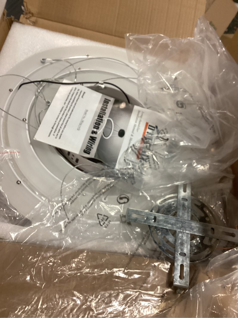 Condition photo showing Good Condition for O'NEELDY Modern LED Chandeliers White Pendant Light Fixture 3 Ring Flush Mount Chandeliers with Adjustable Hanging Cord for Bedroom,Kitchen, Island Cafe White, Stellar Rings Chandelier