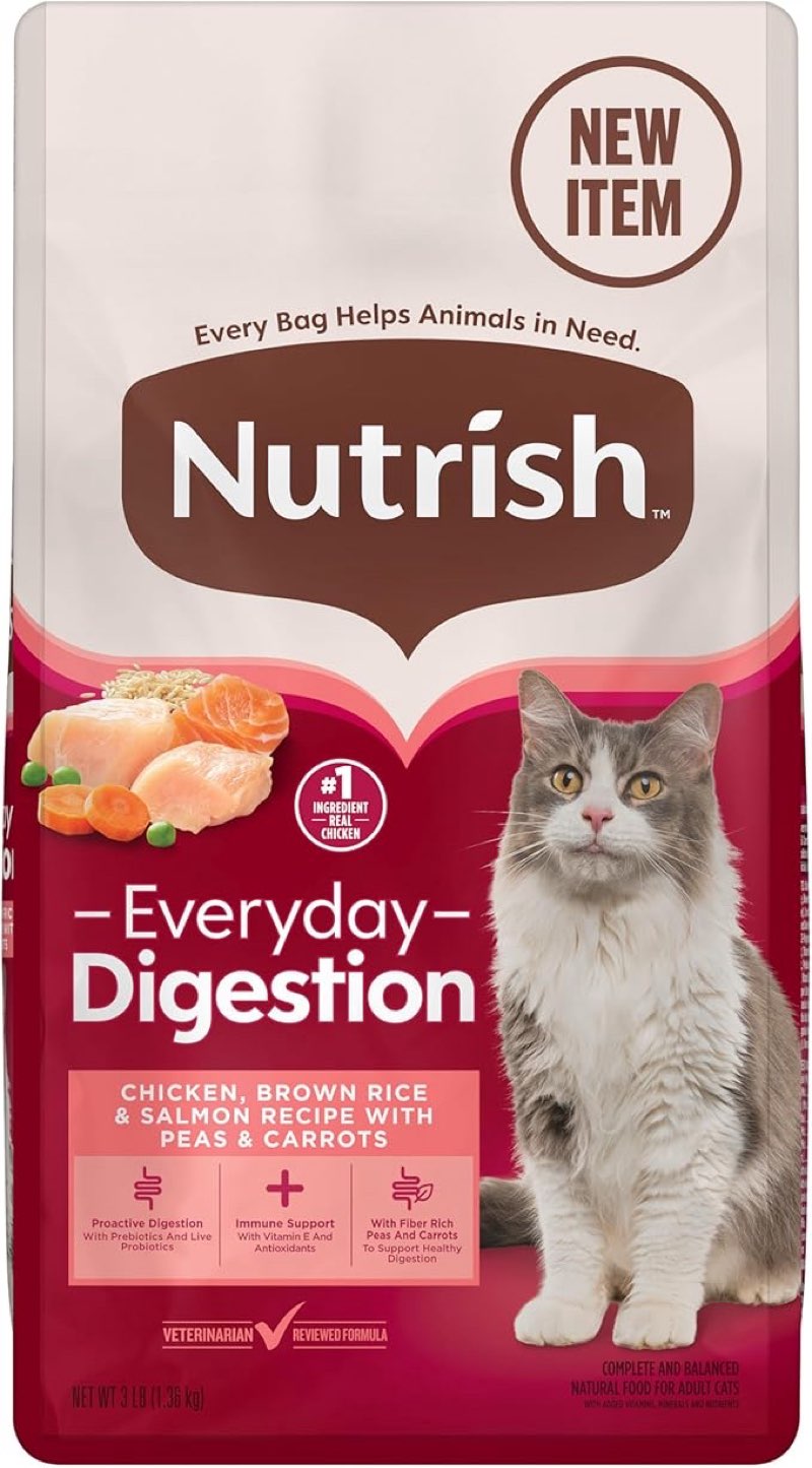 (Best by Sep / 18 / 2026 ) Nutrish Everyday Digestion Dry Cat Food, Chicken Brown Rice and Salmon Recipe with Peas and Carrots, 3 lb. Bag, 4 Count, (Rachael Ray)