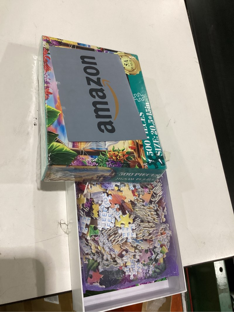 Condition photo showing Good Condition for 500 piece puzzles for adult, beach jigsaw puzzle 500 pieces for adults senior, sunset boat 500 piece puzzle, challenging family puzzle colorful activity game gift for friend 20.5 x 15 inches