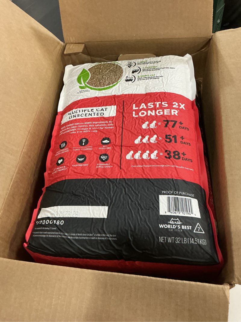 Condition photo showing New/Like New for WORLD'S BEST CAT LITTER Multiple Cat Unscented, 32-Pounds - Natural Ingredients, Quick Clumping, Flushable, 99% Dust Free & Made in USA - Long-Lasting Odor Control & Easy Scooping