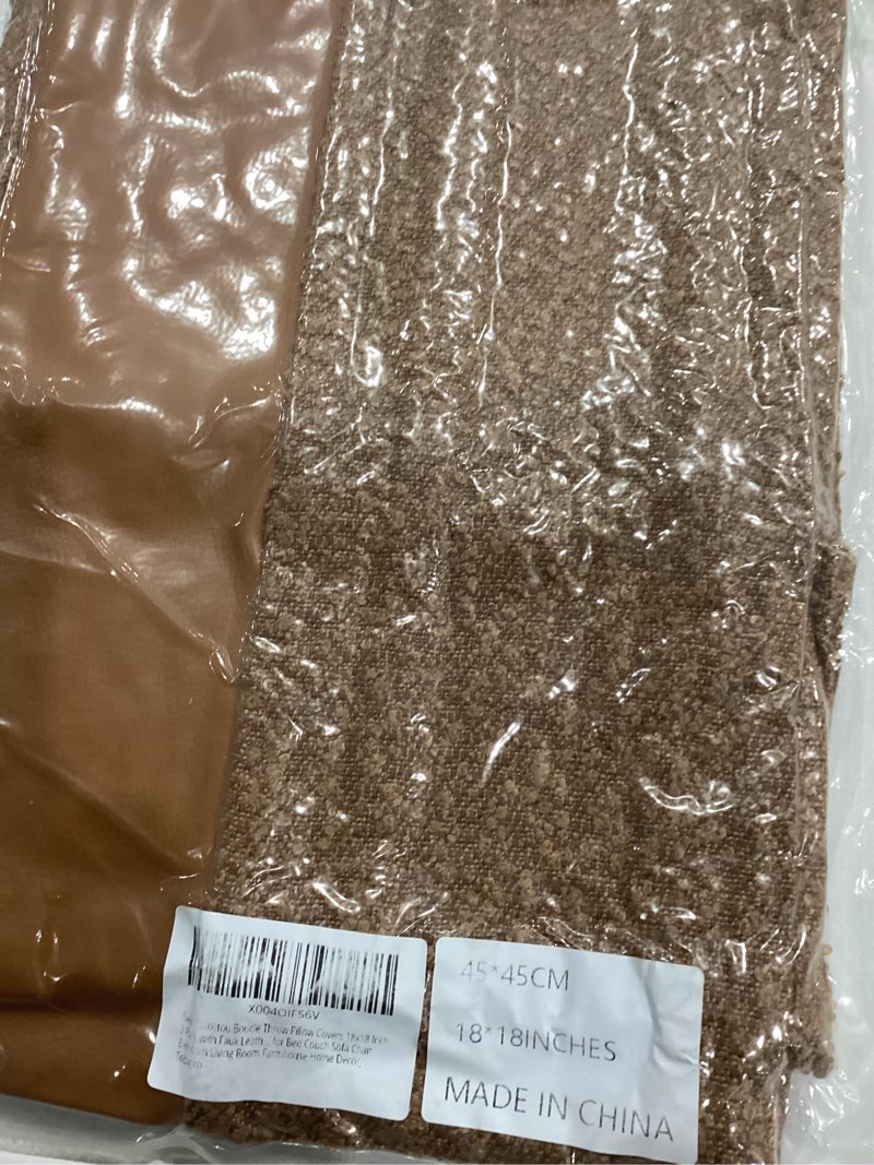 Condition photo showing New/Like New for Boucle Decorative Throw Pillow Covers 18"x18" Set of 2 – Modern Textured Pillowcases with Faux Leather Contrast Stripe, Neutral Accent for Couch, Bed, or Chair – Leather Brown Leather Brown 18" x 18" (Pack of 2)