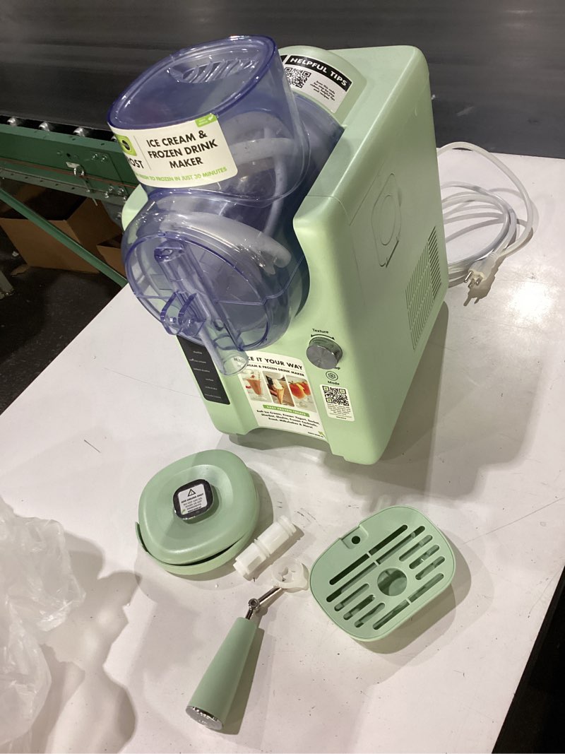 Condition photo showing Good Condition for greenpan frost ice cream maker & slushie machine, soft serve, sorbet, margaritas, milkshakes, frozen yogurt, no pre-freezing, ready in 15 mins, 6 modes, 7 textures, self-cleaning, family size, green 4 pint ice cream & frozen drink maker pistachio green