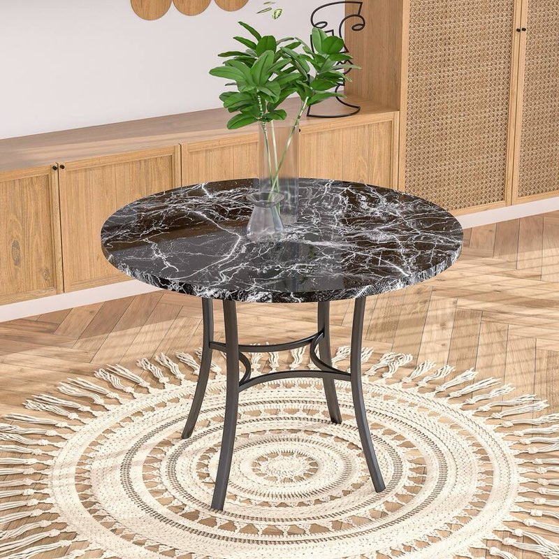 vecelo - 36" round dining table for 4, faux marble kitchen table with metal legs, modern round dinner table for small space - black