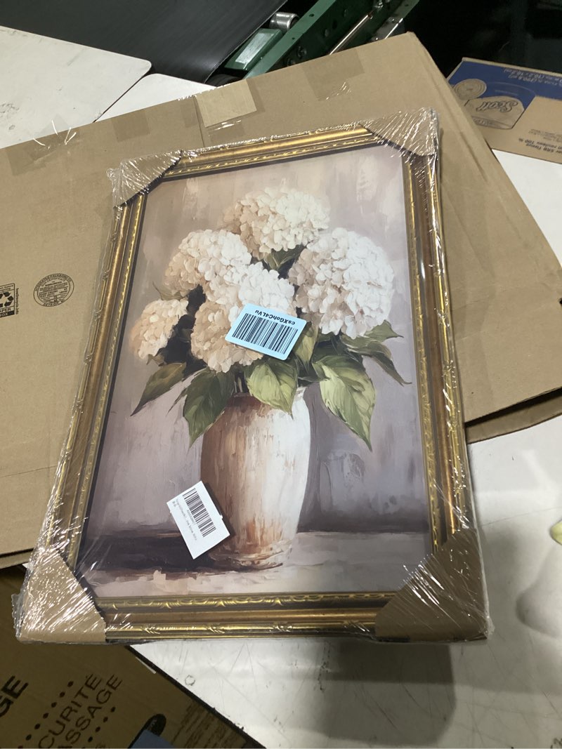 Condition photo showing New/Like New for vintage gold framed wall art, white hydrangea oil painting still life canvas print, rural farmhouse victorian style wall decor for living room, bedroom, bathroom, 16x24 in vase 16"l x 24"w