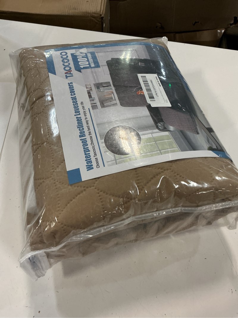 Condition photo showing New/Like New for taococo 100% waterproof recliner cover, non-slip washable reclining couch cover with elastic leg straps, furniture protector for dogs (camel, 2 seater) camel 2 seater