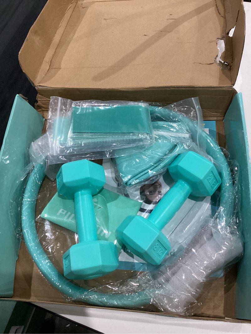 Condition photo showing New/Like New for Pilates Ring Set - Studio-Grade Anti-Deformation Pilates Kit - Pilates Equipment for Home Workout - 14'' Pilates Ring, Pilates Ball, 2 Dumbbells, 5 Resistance Bands for Toning Arms, Thighs Cyan Pilates Set