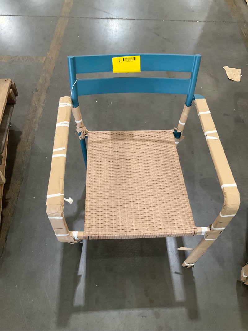 Condition photo showing As Is for 100+ bought last week style selections darcy wicker stackable teal steel frame stationary dining chair 