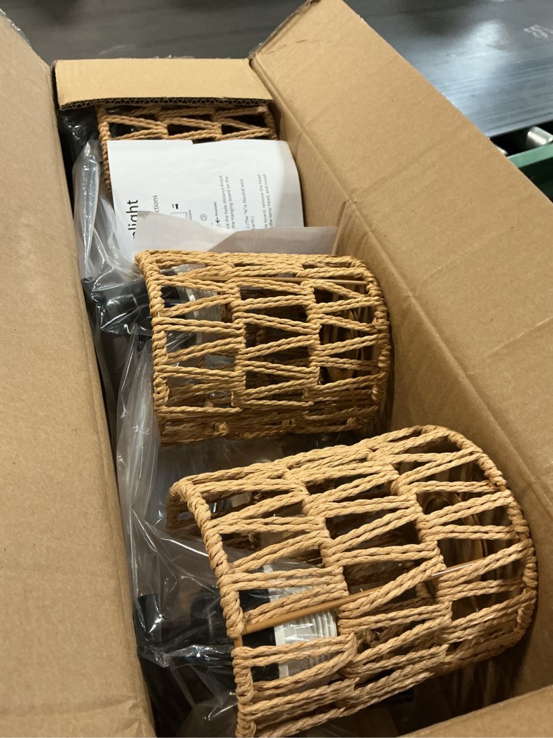 Condition photo showing New/Like New for boho vanity light fixtures,bathroom lights over mirror,rustic rattan wall sconce with woven cage,3-light boho wall mounted light wooden farmhouse vanity lighting for bedroom hallway living room foyer cylinder shade