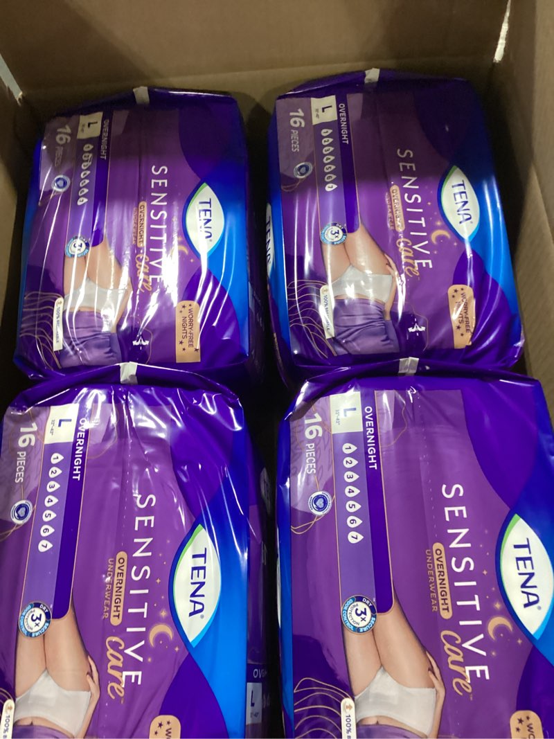 Condition photo showing New/Like New for tena sensitive care overnight incontinence underwear for women, bladder control, postpartum, l, 64 count (waist size 32in-42in)