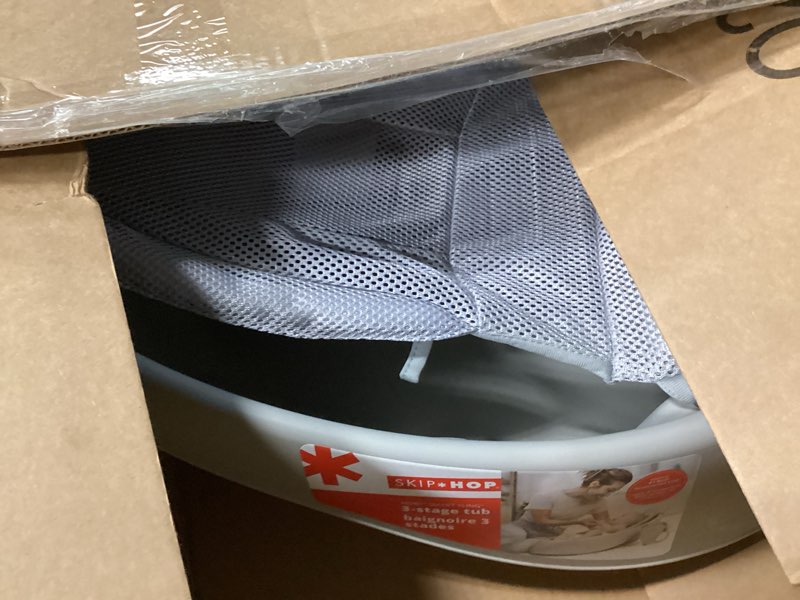 Condition photo showing As Is for skip hop infant bath tub 3-stage grow with baby smart sling moby bathtub grey age 0+ grey tub