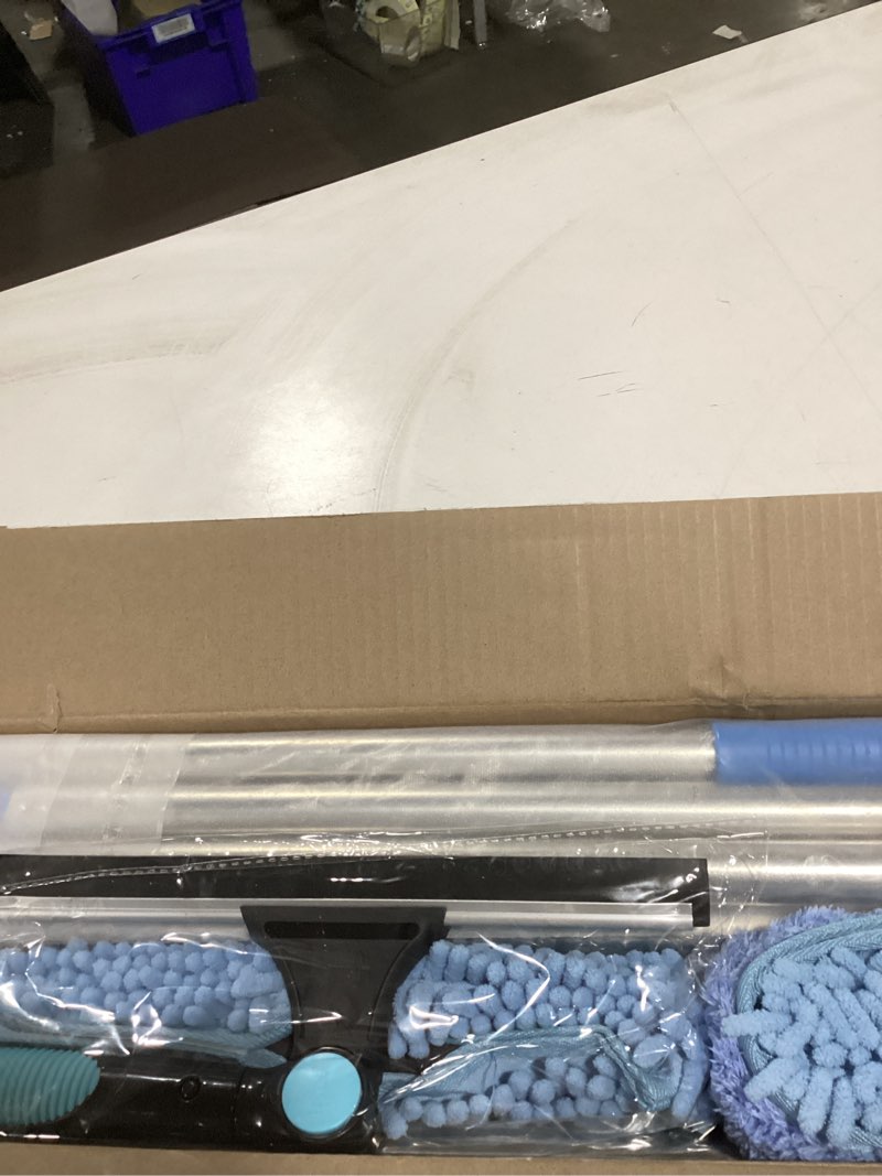 Condition photo showing New/Like New for 20+ feet reach blue 2 in 1 window washing squeegee & duster with 3-14 ft spliceable extension pole // window cleaning tool & window washer squeegee for home indoor outdoor window washing