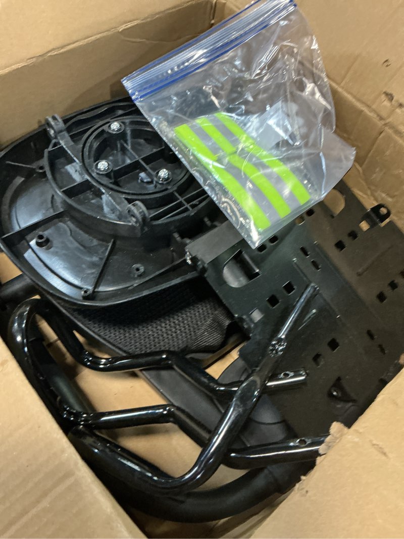 Condition photo showing As Is for rear child bike seat,rear mounted child bike seats,back mount child seat with back rest armrest foot pedals,width adjustable bicycle rear seat,fits all bicycle rear frames folding rear seat
