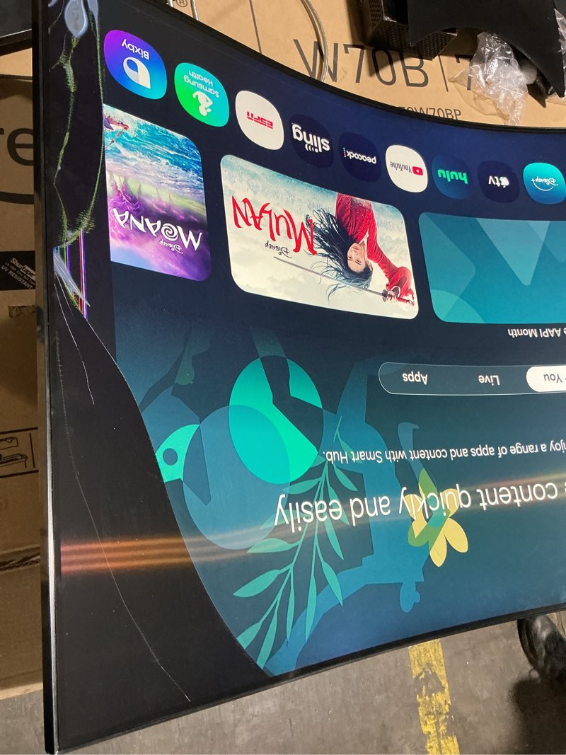 Condition photo showing As Is for screen damaged samsung 55\" odyssey ark 2nd gen 4k uhd 1000r curved gaming monitor, 165hz, 1ms, 4 input multi view, quantum mini-led, amd freesync premium pro, hdr 10+, height adjustable screen, ls55cg970nnxgo