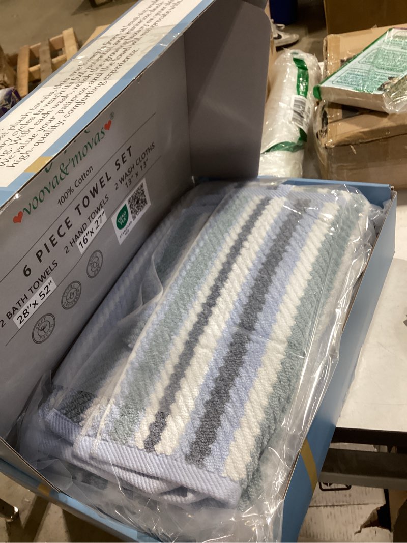 Condition photo showing New/Like New for 100% cotton blue striped luxury 6 piece towel set , quick dry & highly absorbent towels set for bathroom ( 2 bath with hanging loop 28"x52", 2 hand 16"x27", 2 washcloth 13"x13" ), blue & gray 6 pcs bathroom towels gray + blue striped