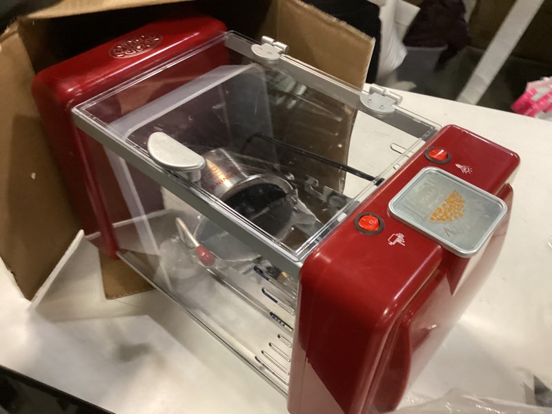 Condition photo showing As Is for VEVOR Popcorn Maker, 300W Popcorn Popper Machine, 2.5 Oz Kettle Makes 4 QT per Batch, Tabletop Popcorn Maker with PP Door, Includes 2 Scoops and Tray, Movie Theater Style, Red