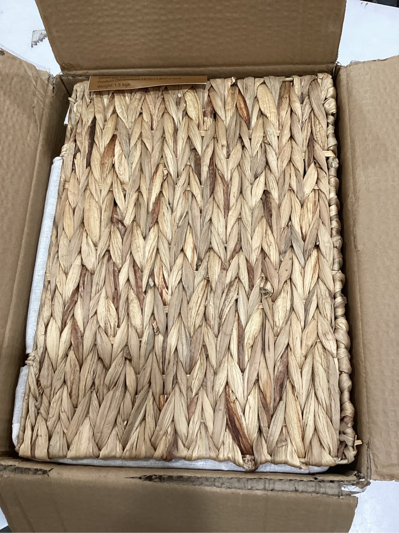 Condition photo showing Good Condition for wicker basket with lid, handwoven wicker toy box with scalloped edges, rectangular storage bin for picnic & shelves w/handles, water hyacinth basket with liner & divider – 15.2l x 11.2w x 7.4h in