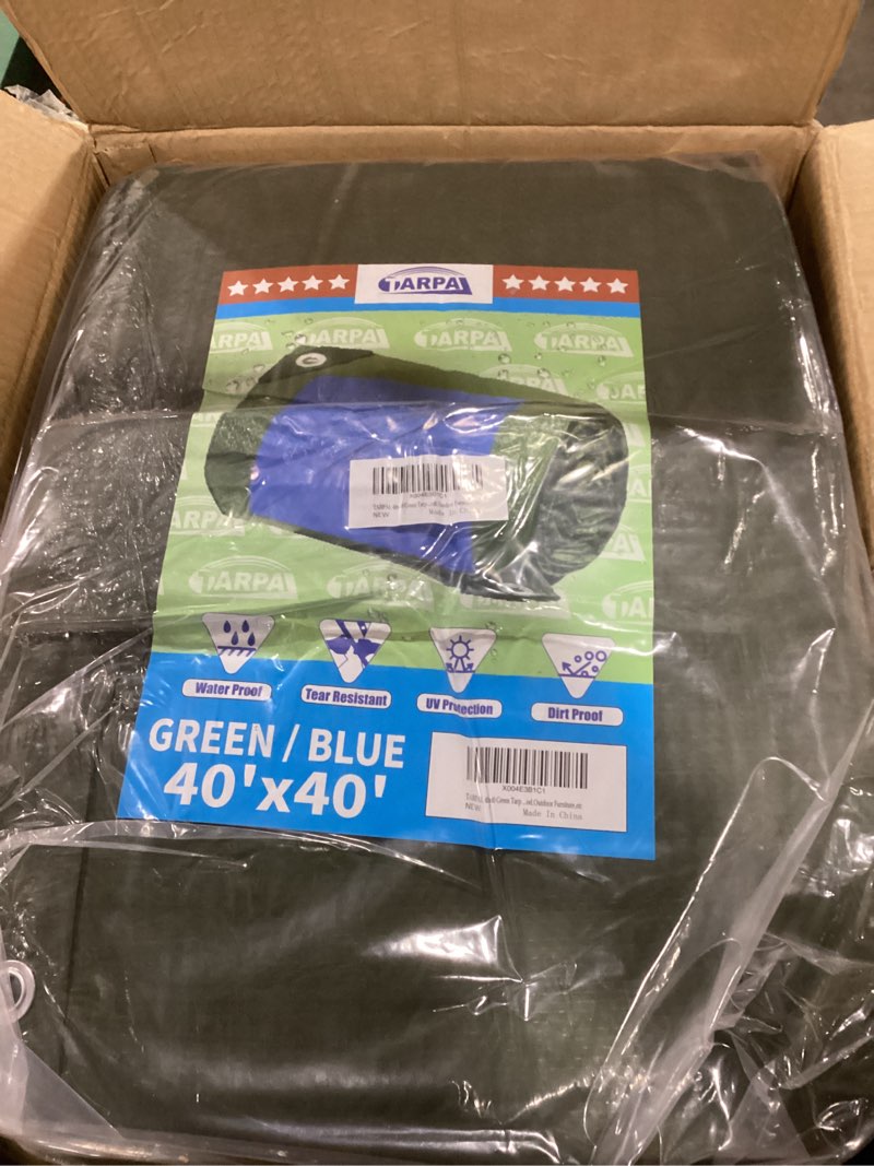 Condition photo showing Good Condition for TARPAL 40x40 Feet Green Tarp Waterproof Multipurpose Protective Cover All Purpose Outdoor Poly Tarps Cover for Swimming Pool, Roof Waterproofing,Boat, car, Camping, firewood,Outdoor Furniture,etc Green/Blue 40x40 Feet-Finished size