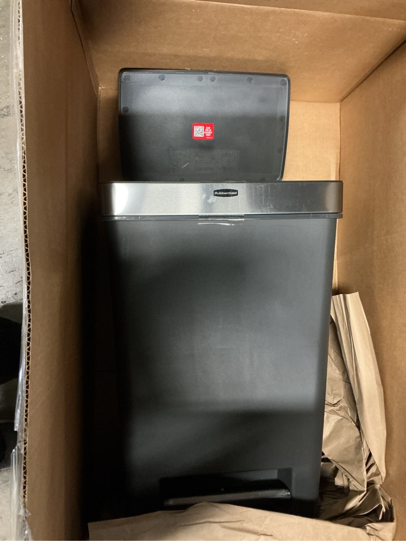 Condition photo showing Good Condition for rubbermaid premier series iii step-on trash can for home and kitchen, with stainless steel rim, 12.4 gallon, charcoal, for home/kitchen/garage/apartment/office metal rim, resin lid