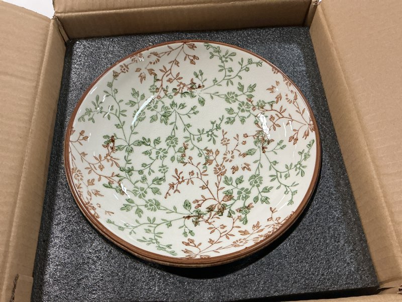 Condition photo showing Good Condition for le tauci 10" ceramic decorative bowl, key bowl for entryway, handcrafted sturdy pedestal bowl, french country fruit bowl for kitchen counter, centerpiece, vine green