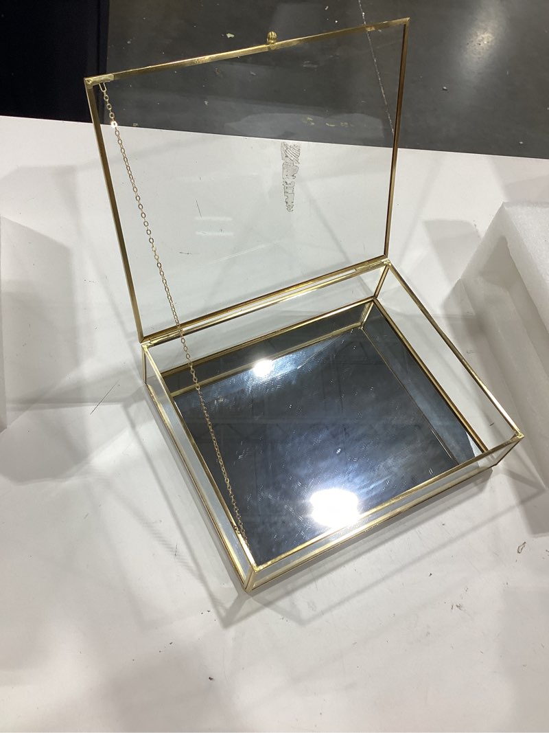 Condition photo showing Good Condition for redhugo large glass boxes for display handmade, mirrored bottom, glass jewelry trinket box with lid, for book, photo, keepsake organizer, display case for vanity decor home dresser, gold low: 10.4"l × 8.5"w × 2.6"h gold