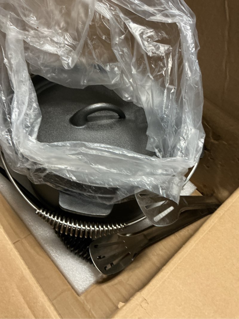 Condition photo showing Good Condition for 4.5qt camping dutch oven with lid?cast iron dutch oven?lifter handle?camping tripod?cast iron camping cookware, camping oven - campfire cooking equipment?with free scrubber brush stainless steel material