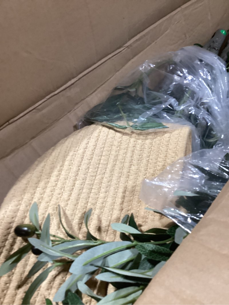 Condition photo showing As Is for olive trees artificial indoor 6ft, faux olive tree with woven basket & natural-looking wood trunk, realistic leaves & fruits, maintenance-free tall fake olive tree for modern home office decor