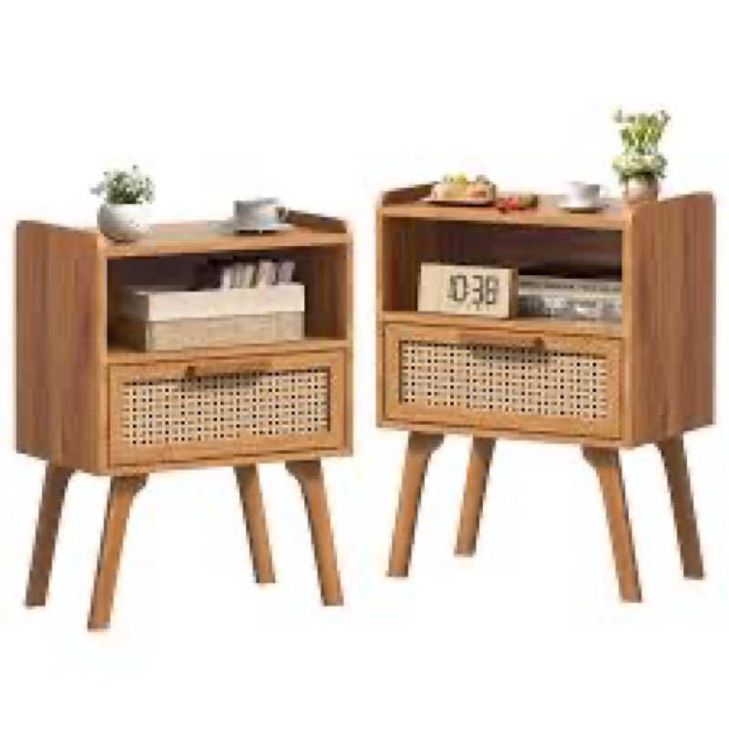 lerliuo rattan nightstands set of 2, side table with drawer, cane accent bedside end table with soli