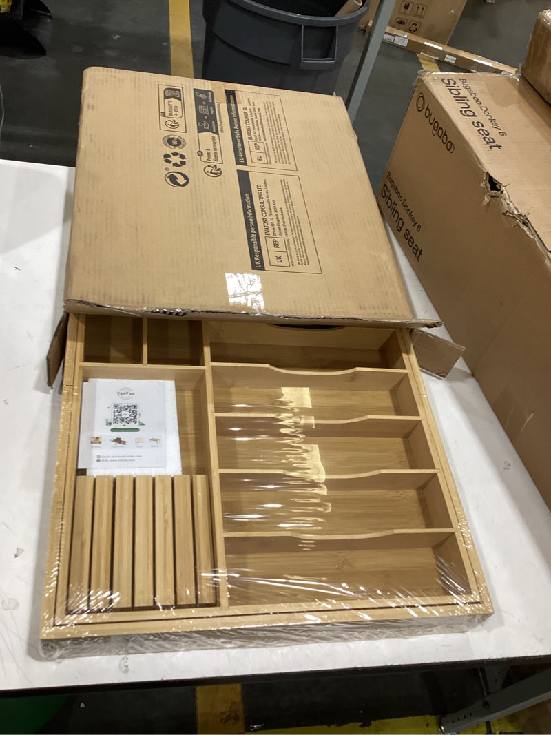 Condition photo showing New/Like New for vaefae extra large kitchen utensil holder, bamboo silverware drawer organizer, expandable cutlery organizer with knife block, multifunctional drawer divider (10-12 compartments) 20.6" to 35.04" wide