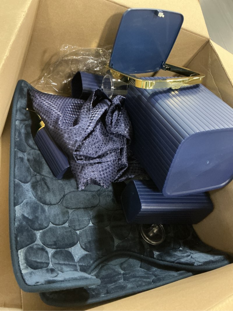 Condition photo showing As Is for Bathroom Set with Shower Curtain and Rugs- 25PC Blue Bathroom Accessory Set, Navy Blue Shower Curtain Set, Toilet Brush, Trash Can, Qtip Holder Dispenser & Soap Dispenser Navy Blue&Gold Bath Set+Shower Curtain+Rugs