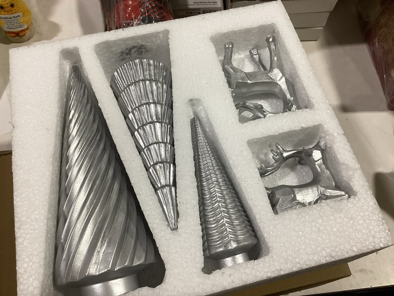 Condition photo showing Good Condition for WDS WONDROUS Christmas Decor Trees and Reindeer Figurines Decoration- Sliver Set of 5 Christmas Tree Statues and Deer Decor Set, Resin Ornaments Tabletop Shelf Office Indoor Silver Set of 5