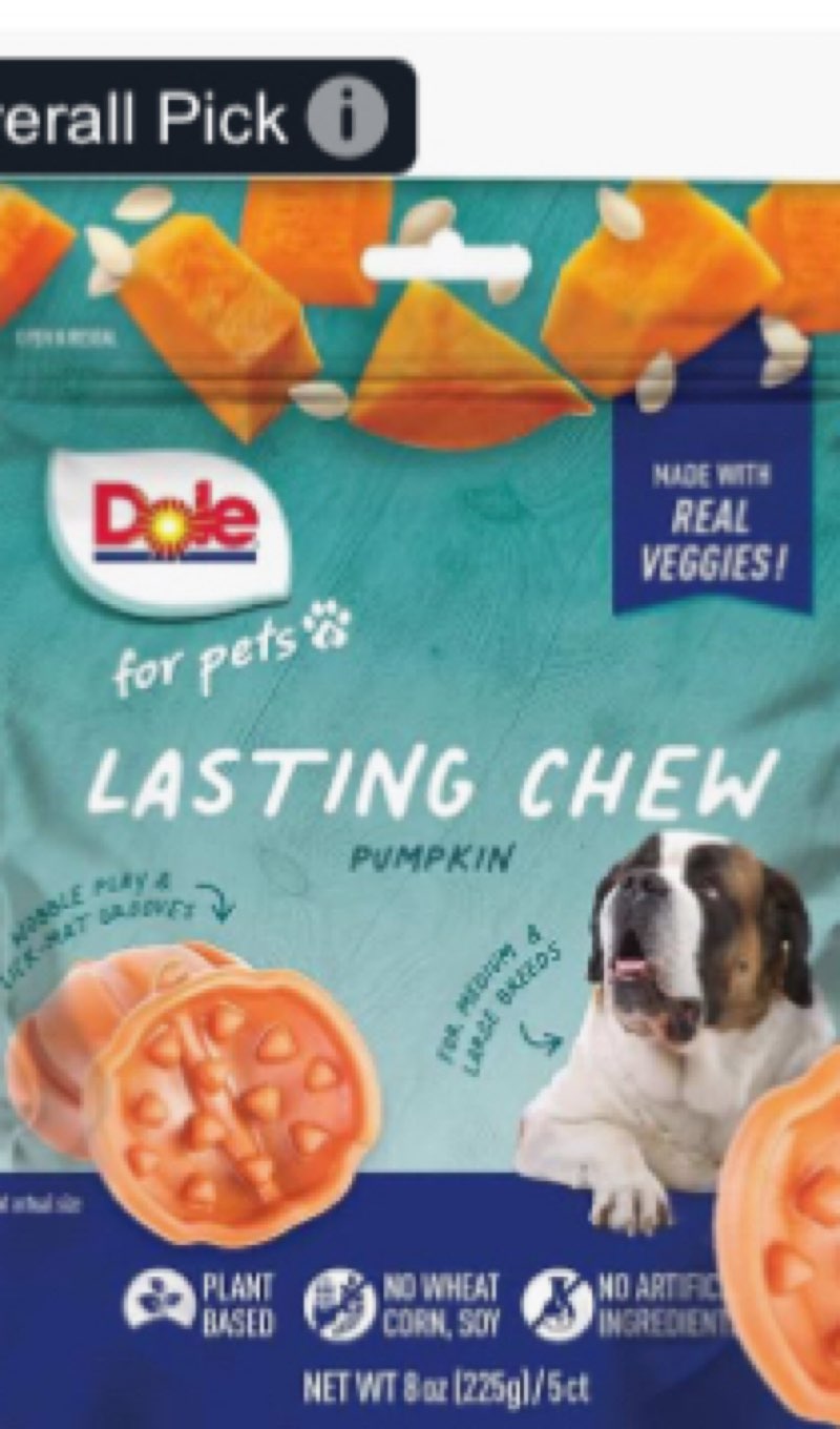 dole for pets freshly fetched lasting chew, pumpkin flavor dog treats | flavored with real veggies, 