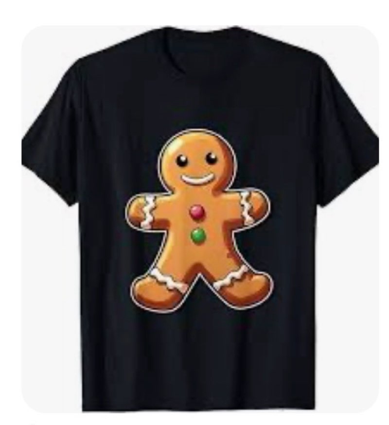 black short-sleeved cotton t-shirt featuring a festive gingerbread man graphic with icing and colorful button details xl (similar to stock photo)