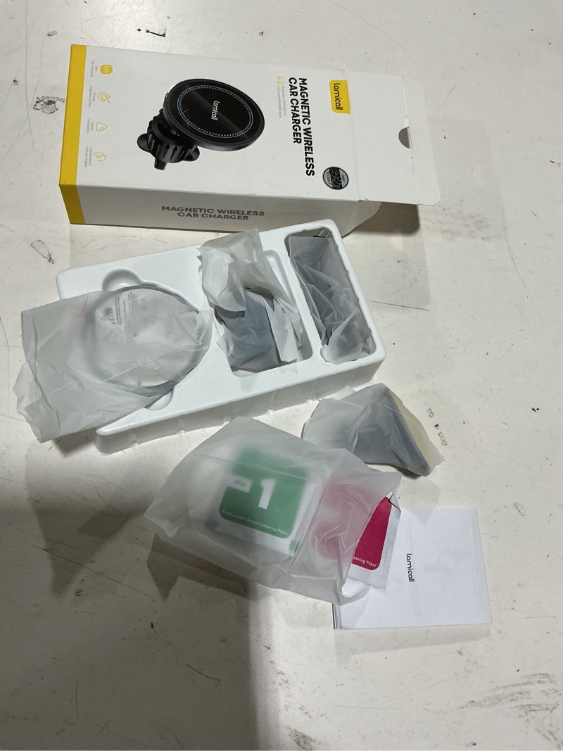 Condition photo showing New/Like New for lamicall 15w for magsafe car mount charger - [20x strong magnets] wireless car phone holder charger, magnetic phone holders for car vent dash accessories for women men for iphone 17 pro max silver new upgraded - silver