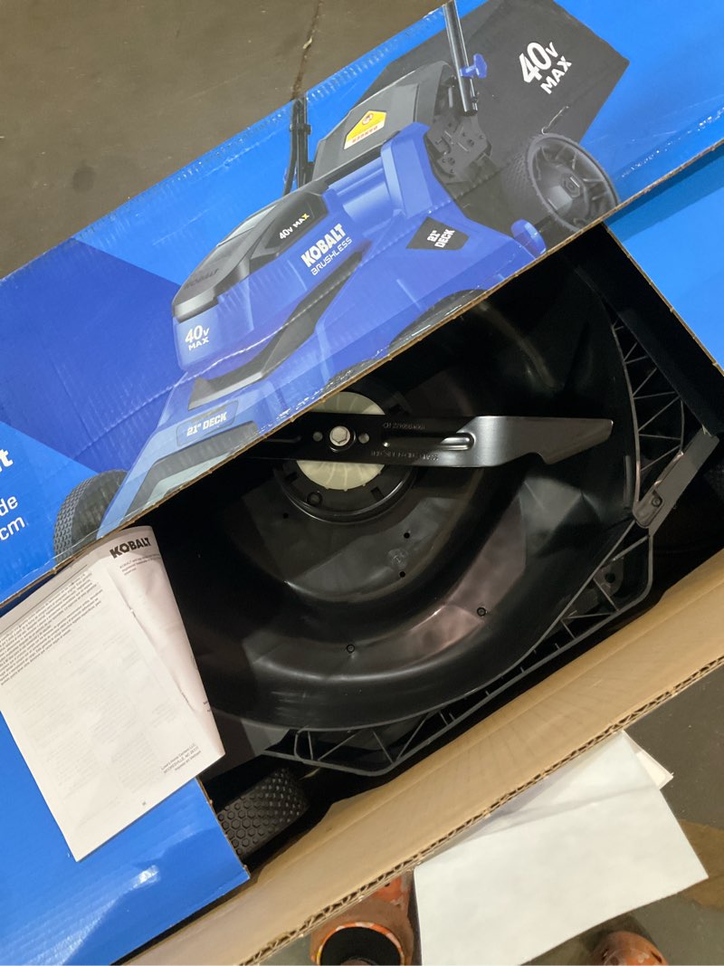 Condition photo showing As Is for kobalt 40-volt 21-in brushless battery push lawn mower 6 ah (battery and charger included)