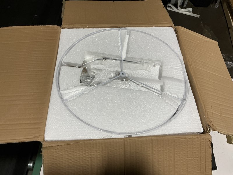 Condition photo showing As Is for globe electric 65" floor lamp, wood-toned finish, white cotton shade, japandi style, e26 base, on/off rotary switch, 5-ft cord, 52112 faux wood, katana