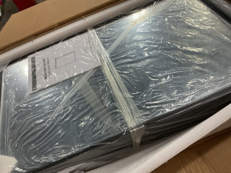 Condition photo showing New/Like New for Buruis 14"x 24" Framed Medicine Cabinet with Mirror, Recessed or Wall Mounted Bathroom Cabinet, Adjustable Tempered Glass Shelves, Left/Right Open Reversible, No Assembly Required, Black 14 x 24 inch Single Door Black