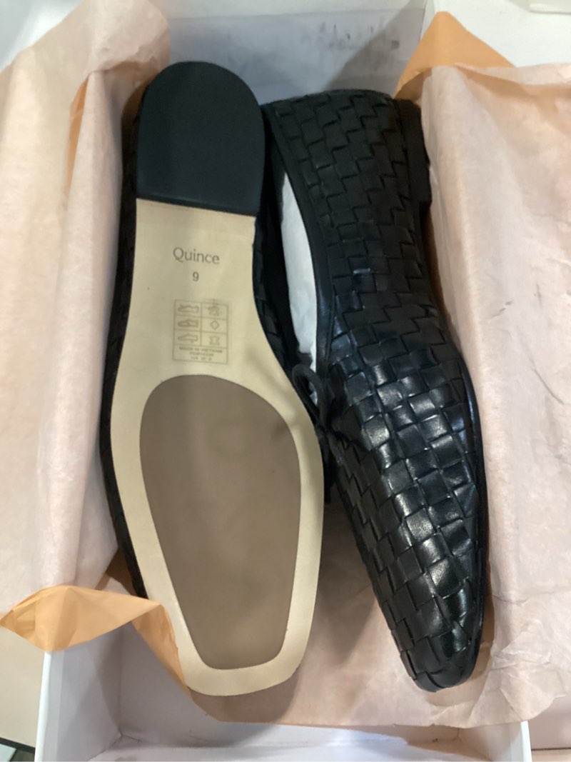 Condition photo showing New/Like New for quince italian leather handwoven square toe ballet flat, 9, black