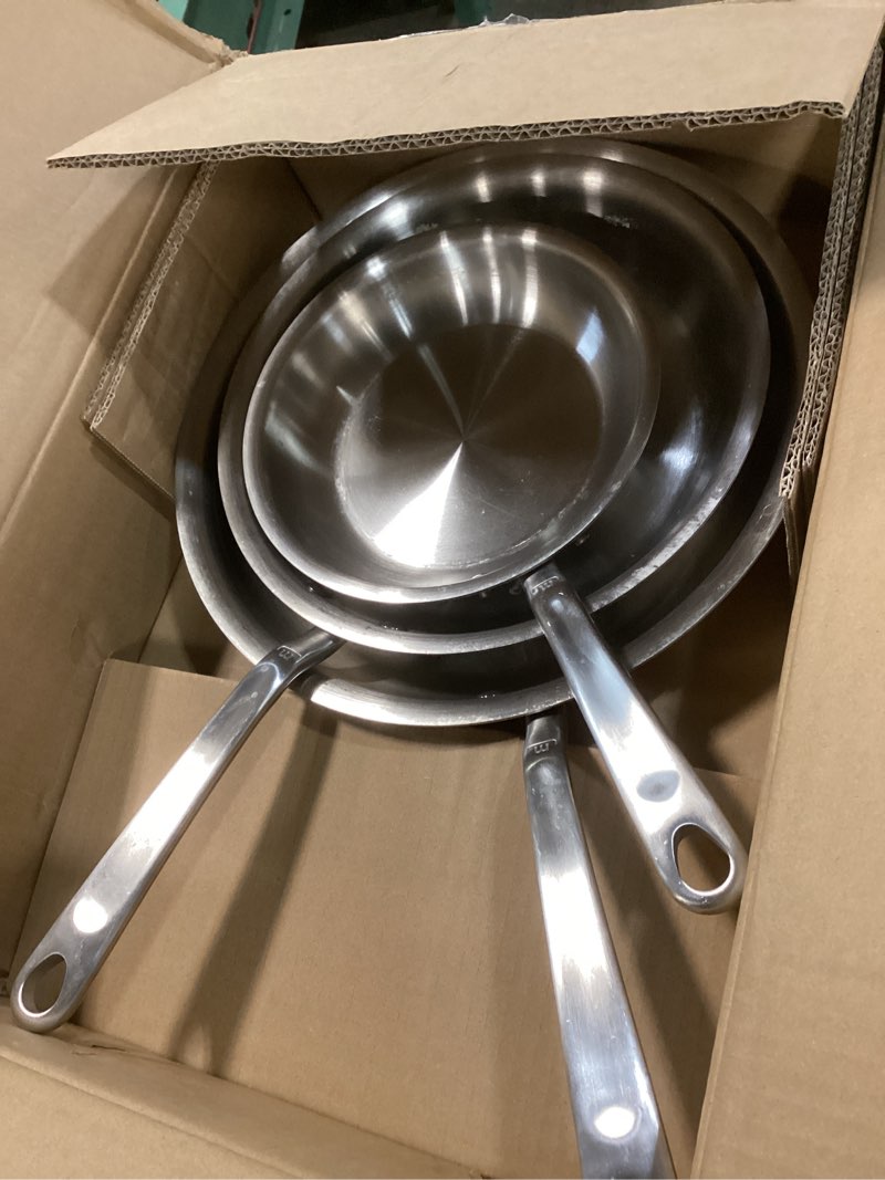 Condition photo showing As Is for made in cookware | 3-piece (includes 8",10",12") stainless frying pan set | 5 ply stainless clad | professional cookware | crafted in italy | induction compatible 3 piece set includes 8",10",12"