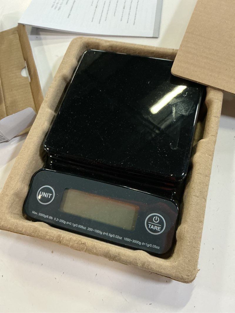 Condition photo showing As Is for mainstays 6lb high precision digital kitchen scale with blue backlit, black
