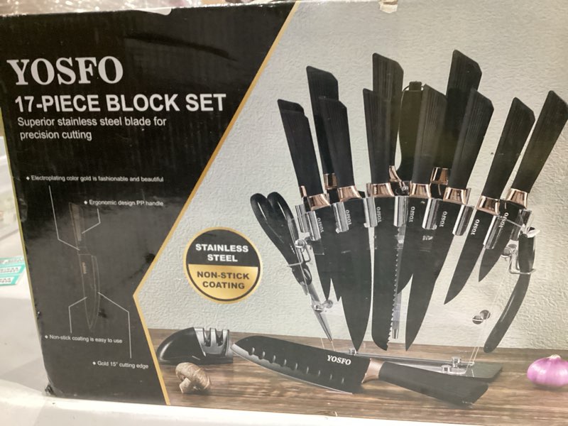 Condition photo showing New/Like New for Kitchen Knife Sets with Block and Sharpener, 17Pcs Stainless Steel Knife Set includes Serrated Steak Knives Set, Chef Santoku Knives, Scissor, Knife Holder (Black Knife Set with Block)