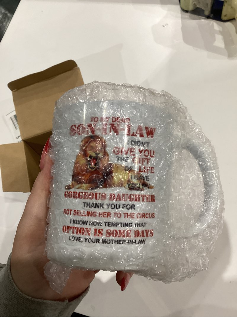 Condition photo showing New/Like New for DOPHOME To My Dear Son In Law Coffee Mug Gifts - Son-in-law Christmas presents mugs,Lion Mother In Law To My Dear Son In Law Mug, Father's Day Birthday New Year Gift, 11 oz Novelty mug white