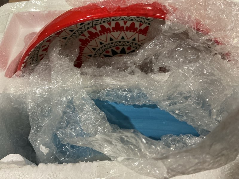 Condition photo showing Good Condition for 10 Inch Large Serving Bowls, 78 Oz Bohemian Style Salad Bowl, Colorful Red Blue Ceramic Bowl Set of 2, Decorative Serving Dishes for Entertaining, Vibrant Fruit Pasta Soup Bowl Dining Essentials